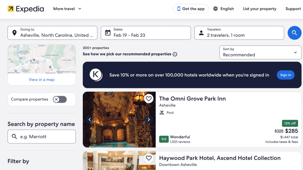 Screenshot of Expedia's website showing hotel options in Asheville, North Carolina