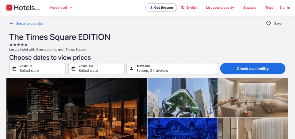 Screenshot of Hotels.com search result for the Times Square Edition hotel