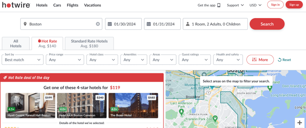 Screenshot of Hotwire search result for hotels in Boston