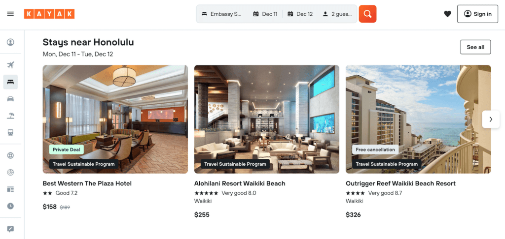 Screenshot of Kayak search results for hotel stays near Honolulu, Hawaii