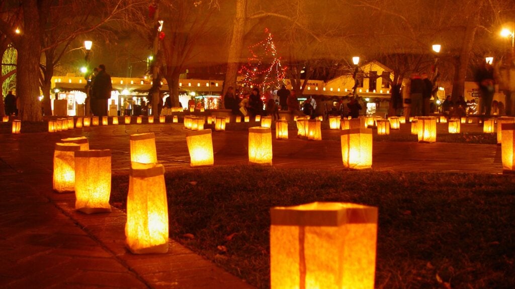 view of Luminarias in Old Town Santa Fe, New Mexico