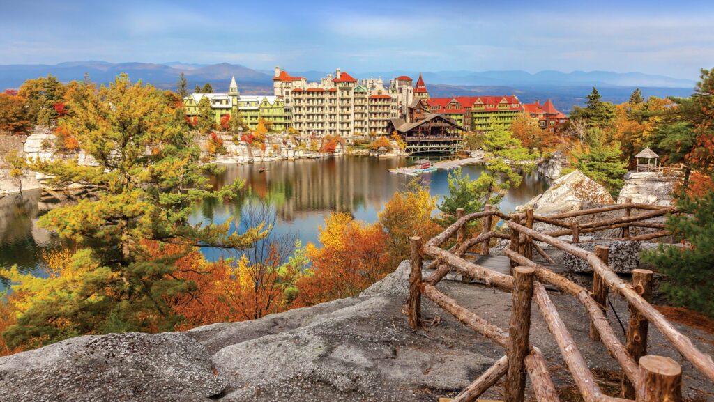 A view across Lake Mohonk at Mohonk Mountain House during the fall