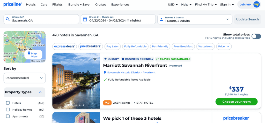 Screenshot of Priceline search results showing hotels in Savannah, Georgia