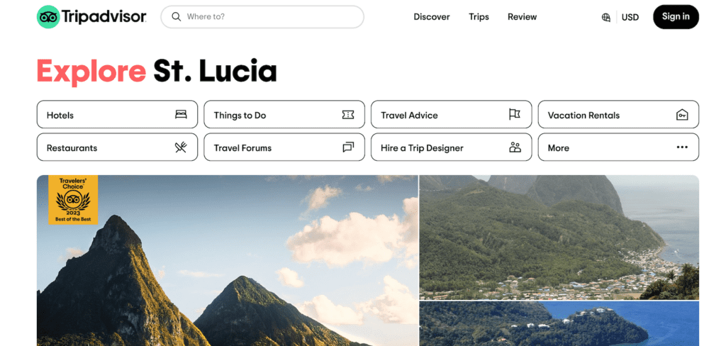 Landing page for St. Lucia on Tripadvisor