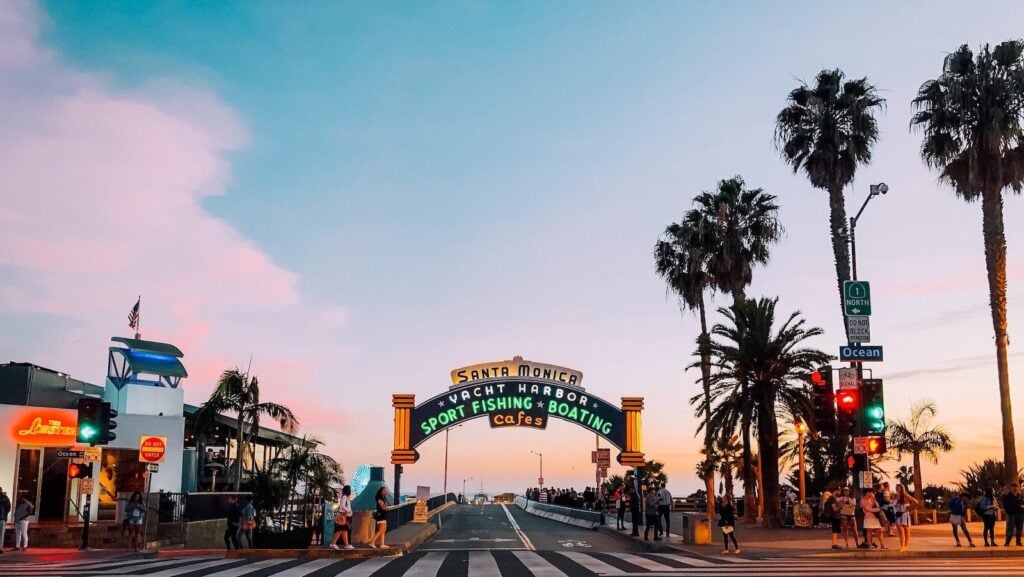 Entrance to the Santa Monica pier at sunset