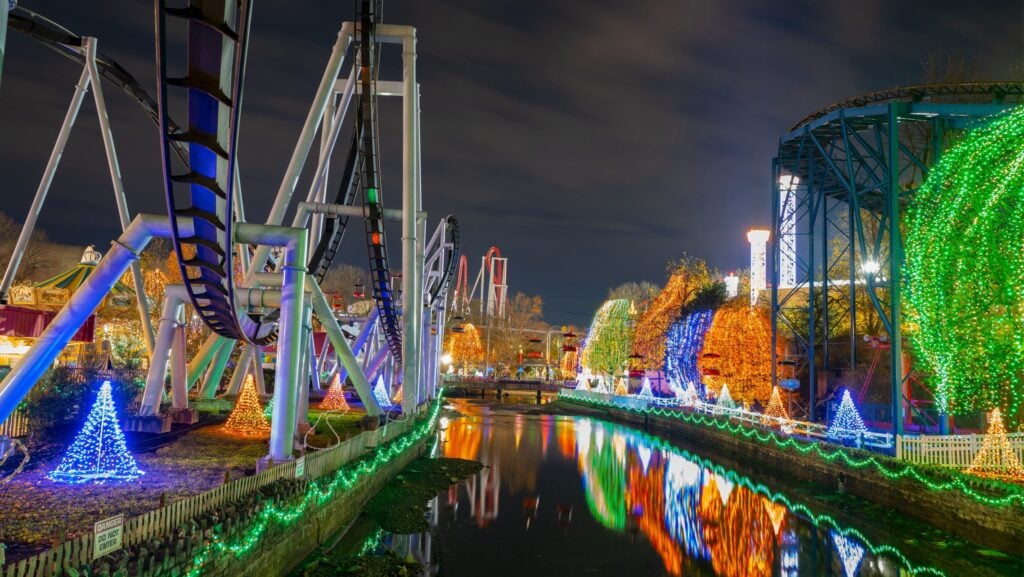 View of Hersheypark at night in December, with Hersheypark Christmas Candylane NOEL Light Show holiday lights