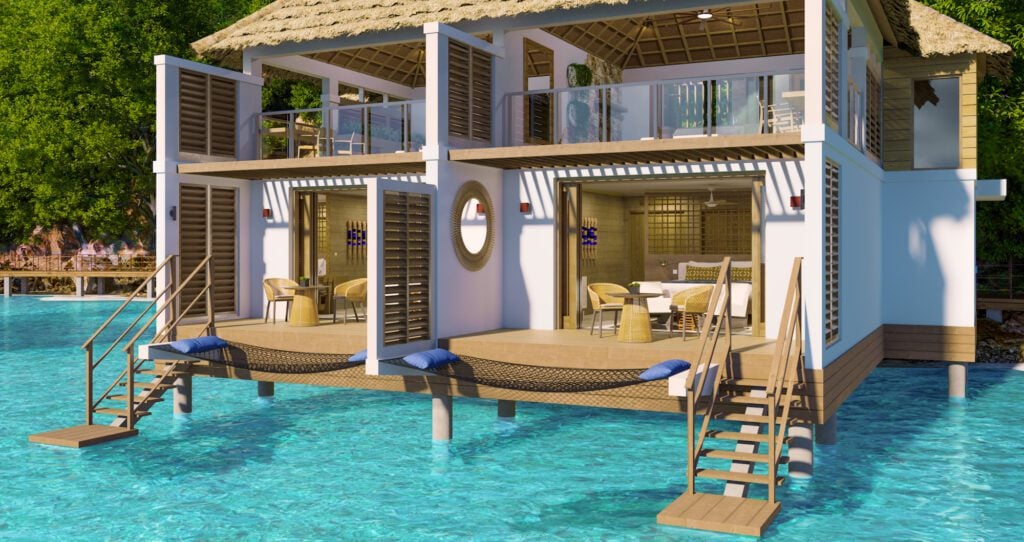 Sandals St Vincent and the Grenadines rendering: Vincy Overwater Two-Story Villas reimagine Sandals’ iconic overwater villas with a bi-level design that includes an expansive, open-air rooftop area for lounging, day and night