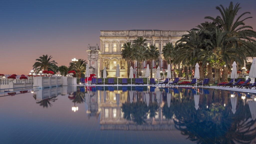 evening view of pool at palace at Ciragan Palace Kempinski Istanbul