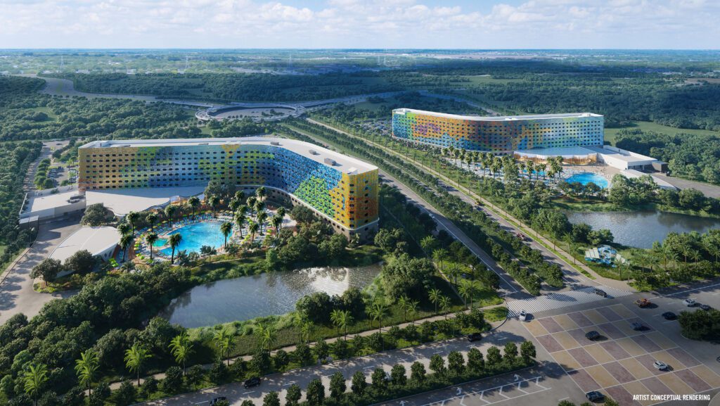 Artist rendering of Stella Nova and Terra Luna Resorts near Epic Universe