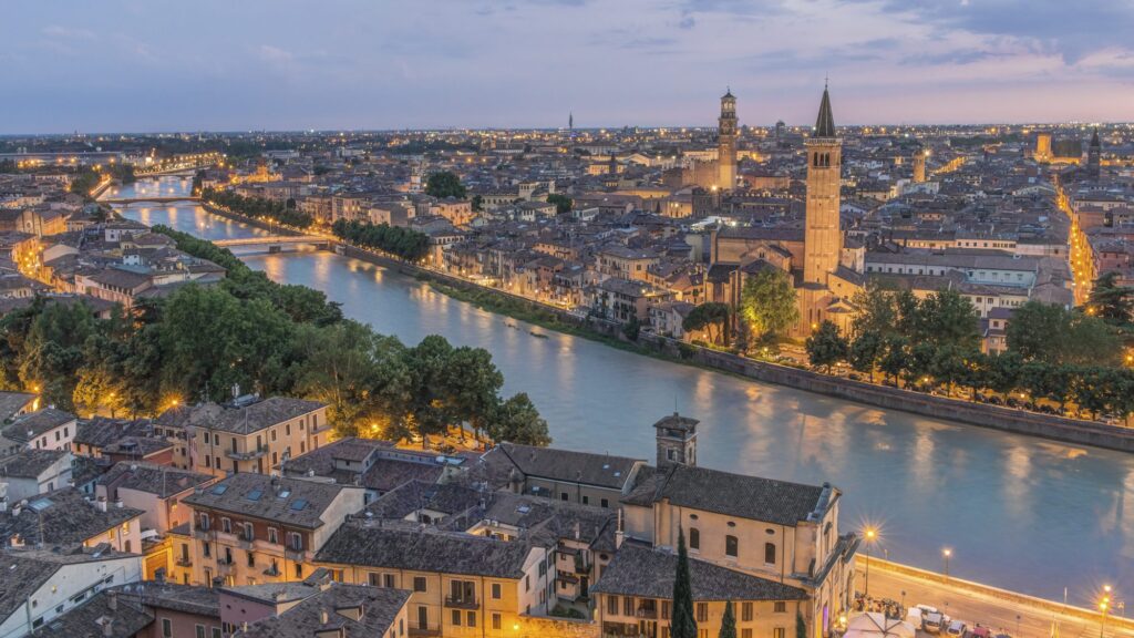 Evening aerial view of Verona, Italy