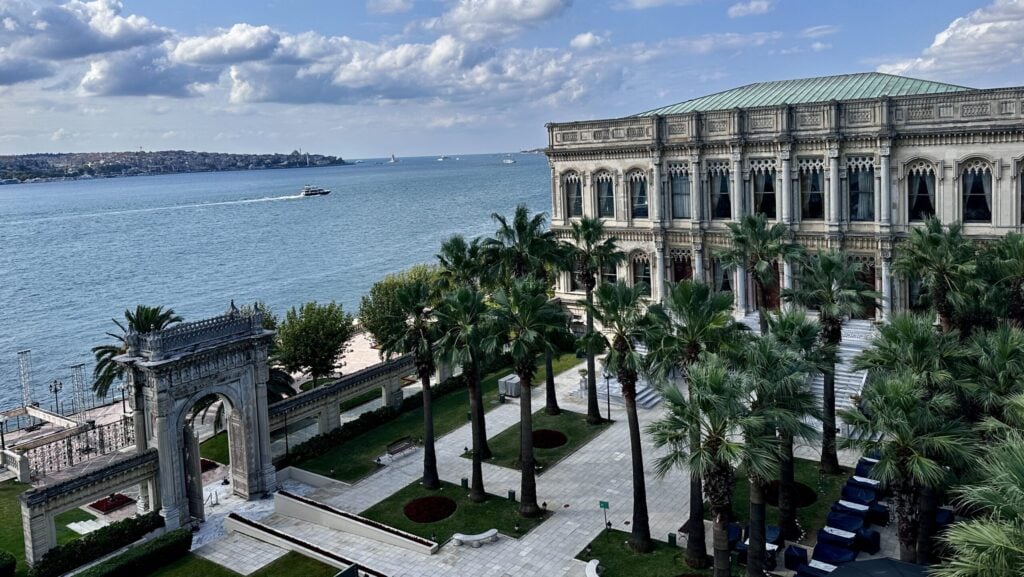 View of Ciragan Palace Kempinski Istanbul looking from the hotel building to the Palace building across the hotel grounds