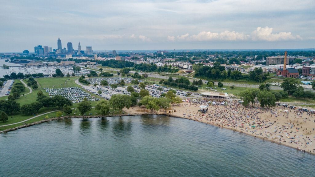 View of Edgewater Beach with Cleveland in the background. Photo courtesy of Cleveland Tourism
