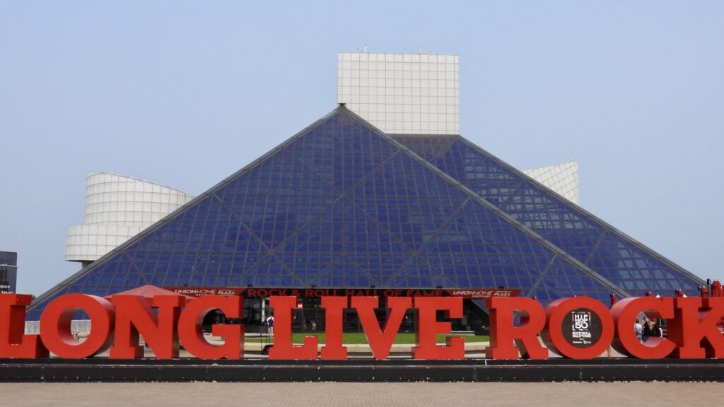 picture of the Long Live Rock Sign on the exterior of the Cleveland Rock and Roll Museum