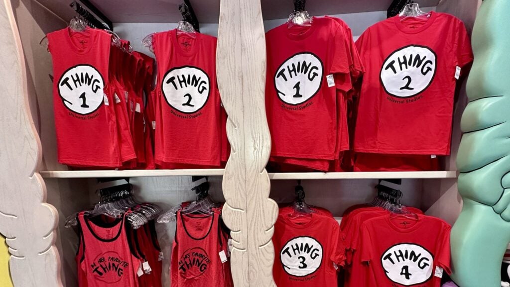 Thing 1 and Thing 2 shirts available at a shop in Seuss Landing at Universal Orlando