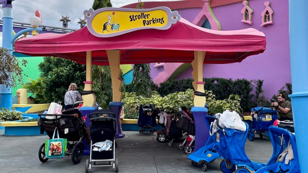Stroller parking area filled with strollers at Seuss Landing at Universal Orlando in Florida