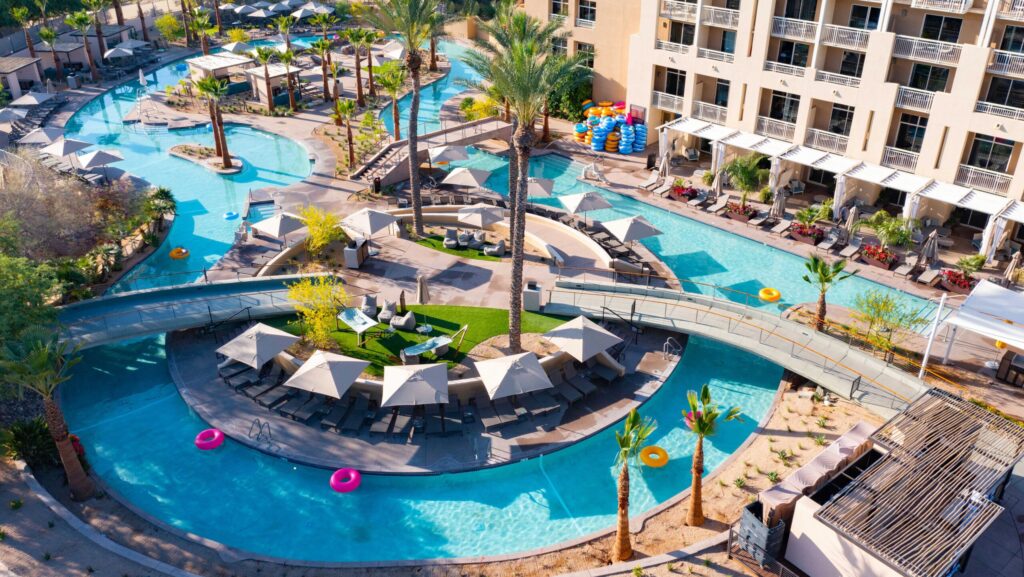 An aerial view of floats in the lazy river at JW Marriott Phoenix Desert Ridge