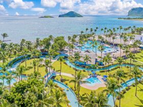 An aerial view of the lazy river and one of the pools at Coconut Bay Beach Resort & Spa