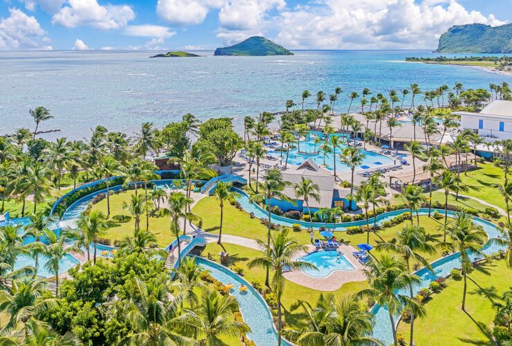 An aerial view of the lazy river and one of the pools at Coconut Bay Beach Resort & Spa