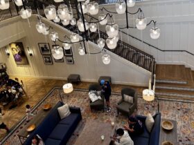 Knott's Hotel lobby with jam-jar inspired chandelier