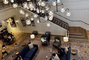 Knott's Hotel lobby with jam-jar inspired chandelier