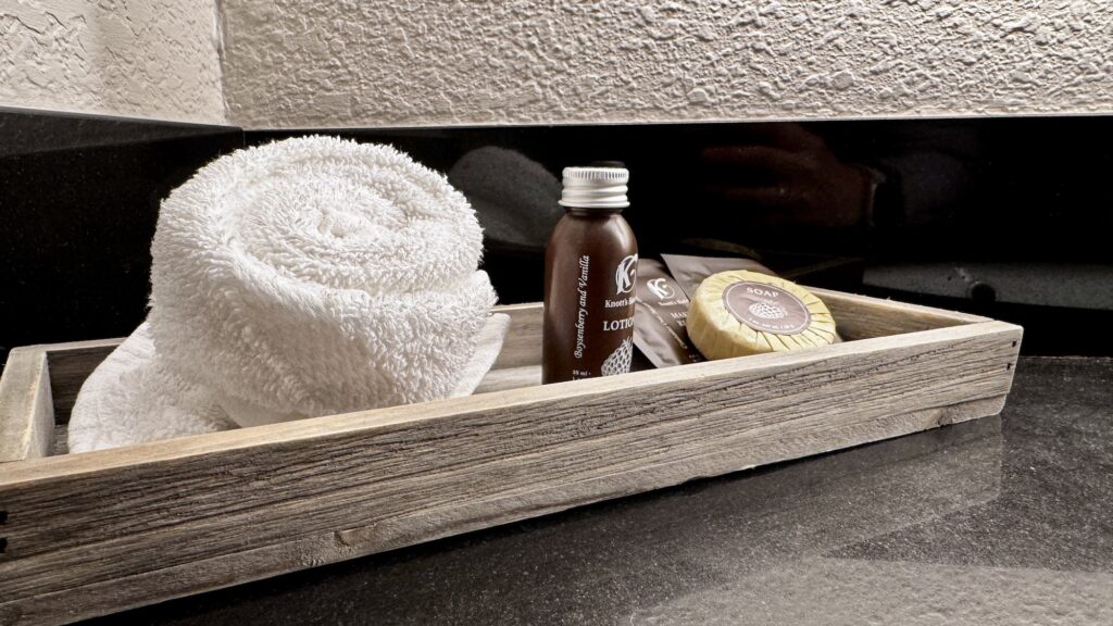 close up of boysenberry-vanilla scented toiletries at Knott's Hotel