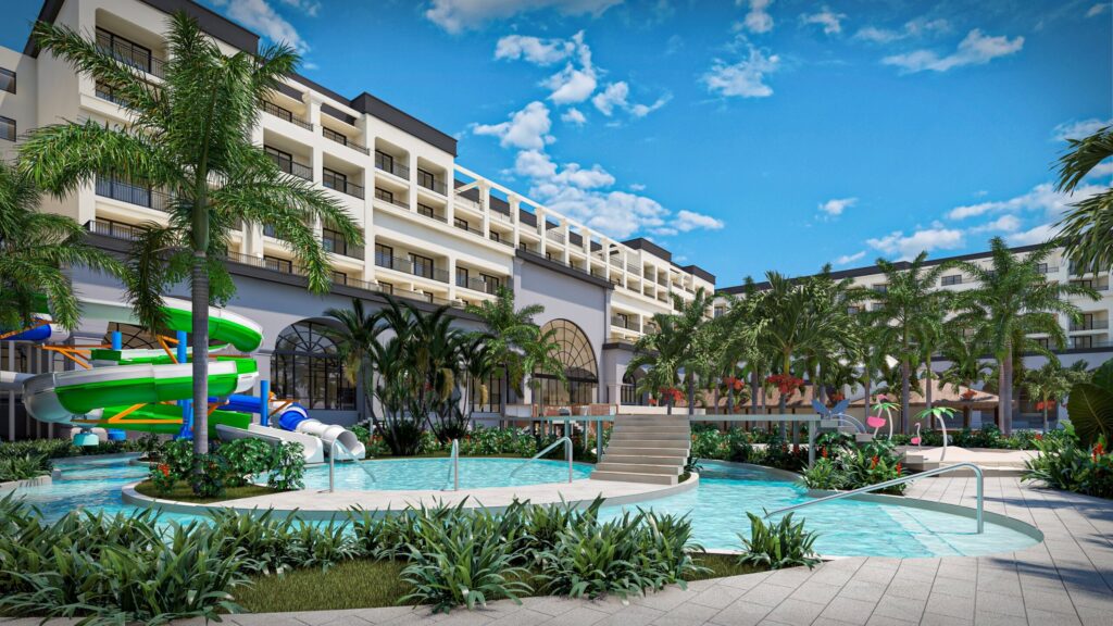 Kids' pool area with waterslides at Marriott Cancun