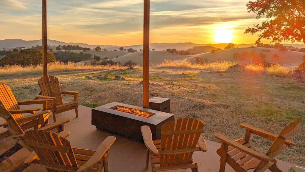 view of the sunset at Wildhaven glamping resort near Yosemite