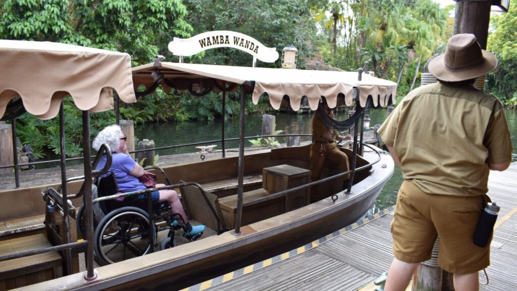 person in wheelchair aboard the Jungle Cruise ride at Disneyworld