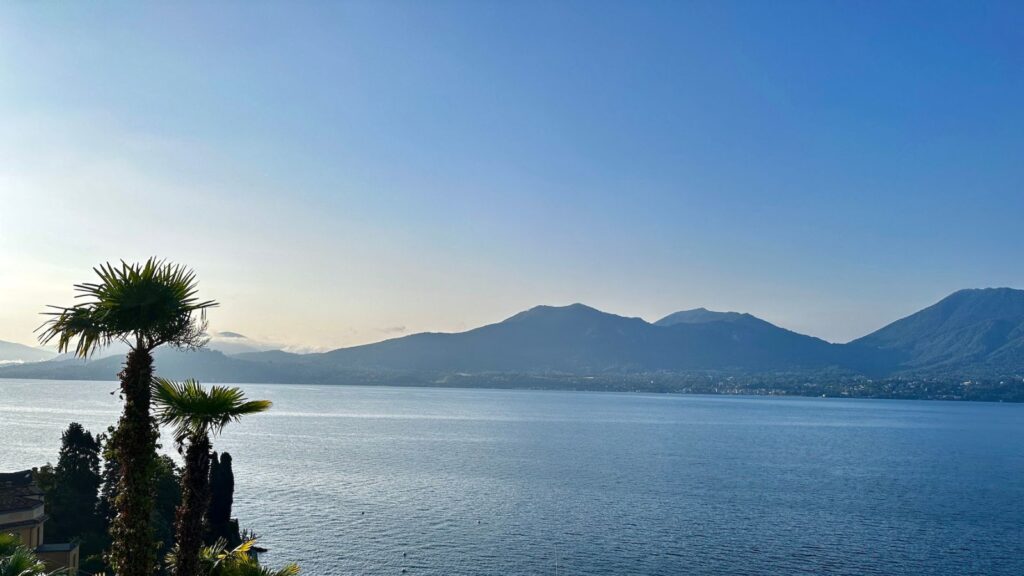 view out across Lake Maggiore with a tree in the foreground