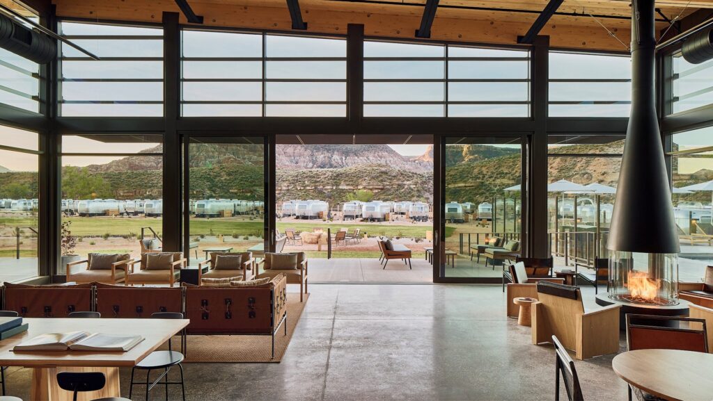 The Clubhouse at AutoCamp Zion overlooking the propery's Airstream trailers