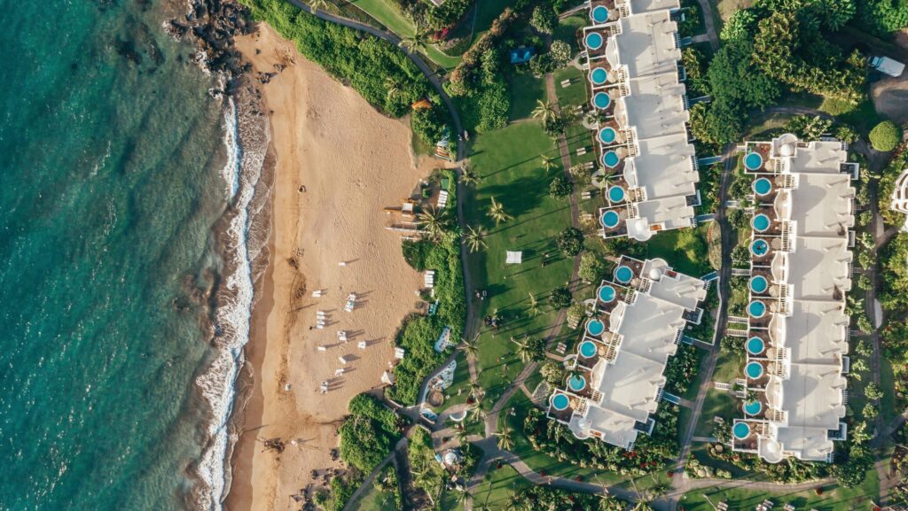 Aerial view of the ocean and the villas at Fairmont Kea Lani