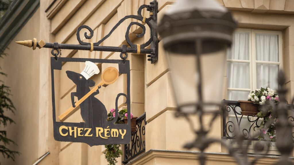 Sign for Bistrot Chez Remy inside Pixar World at Walt Disney Studios Park at Disneyland Paris