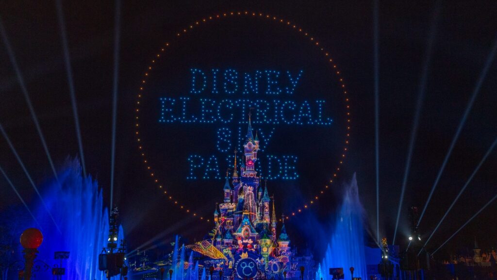 Drones lighting up the night sky for a show at Disneyland Paris