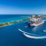 View of cruise ship as it comes into a Caribbean port