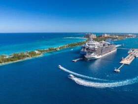 View of cruise ship as it comes into a Caribbean port