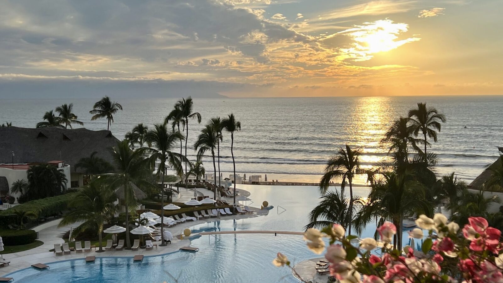 View of Grand Velas Riviera Nayarit at sunset from a balcony