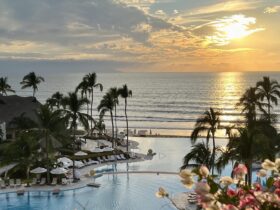 View of Grand Velas Riviera Nayarit at sunset from a balcony