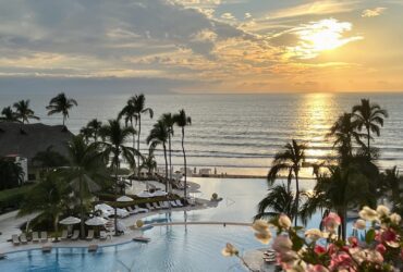 View of Grand Velas Riviera Nayarit at sunset from a balcony