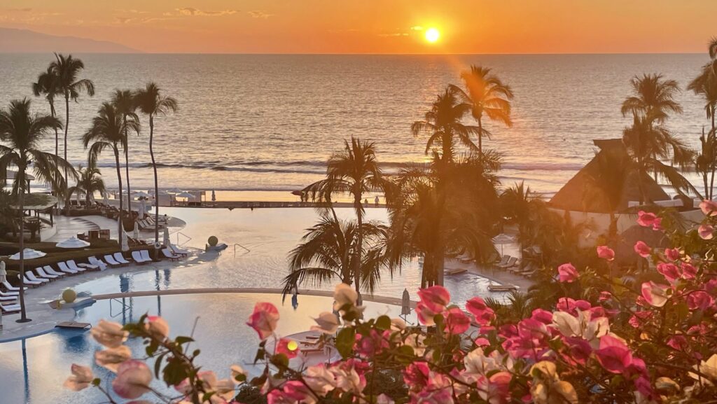 sunset over the pool and Banderas Bay at Grand Velas Riviera Nayarit