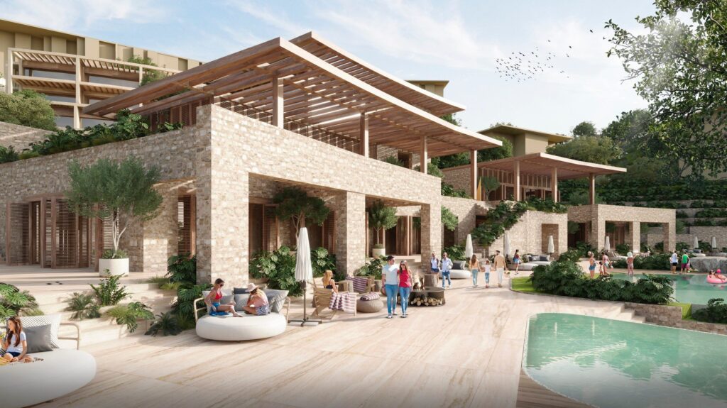 A rendering of the outdoor amenity area at the Waldorf Astoria Costa Rica