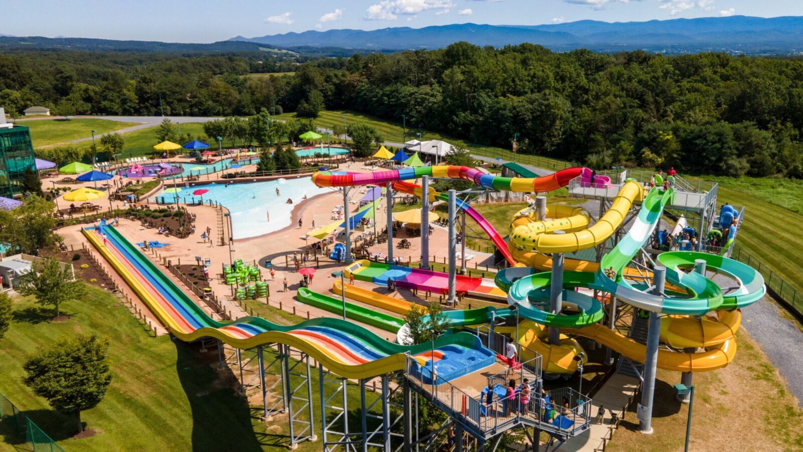 An aerial view of the outdoor water park at Massanutten Resort