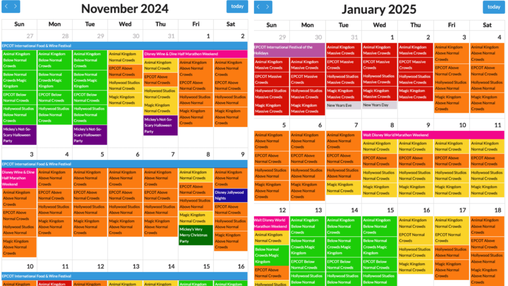 Color coded crowd calendar for Walt Disney World