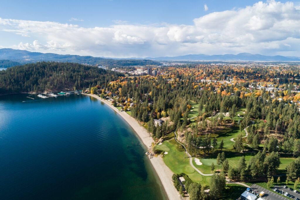 Aerial view of lake and golf course during fall in Coeur d'Alene, Idaho