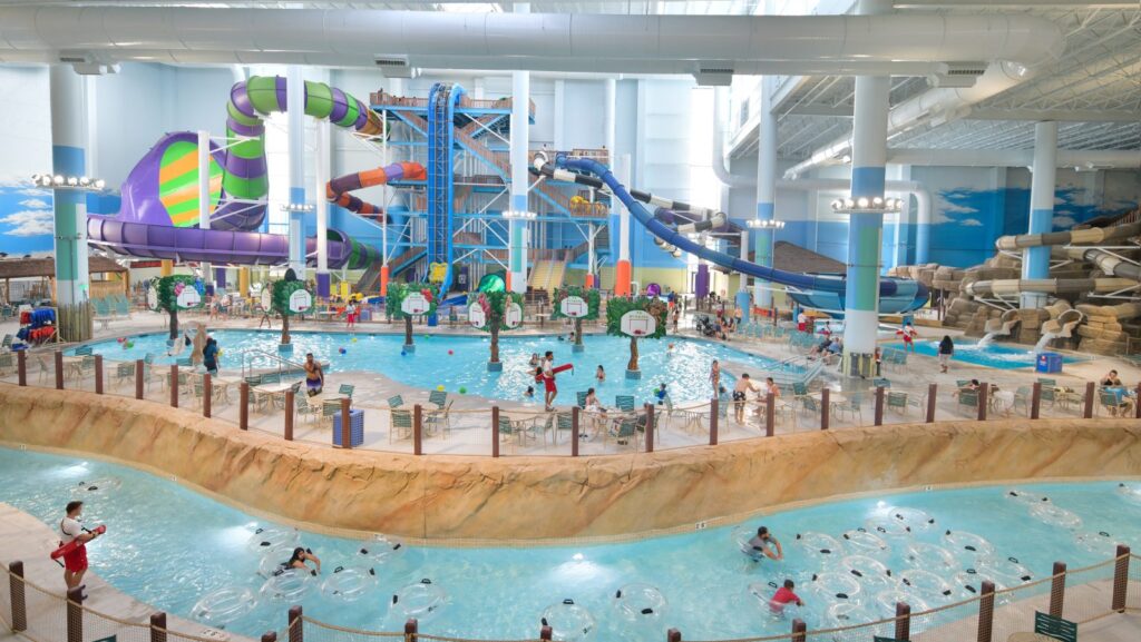 A view of the lazy river and water park at Kalahari Round Rock