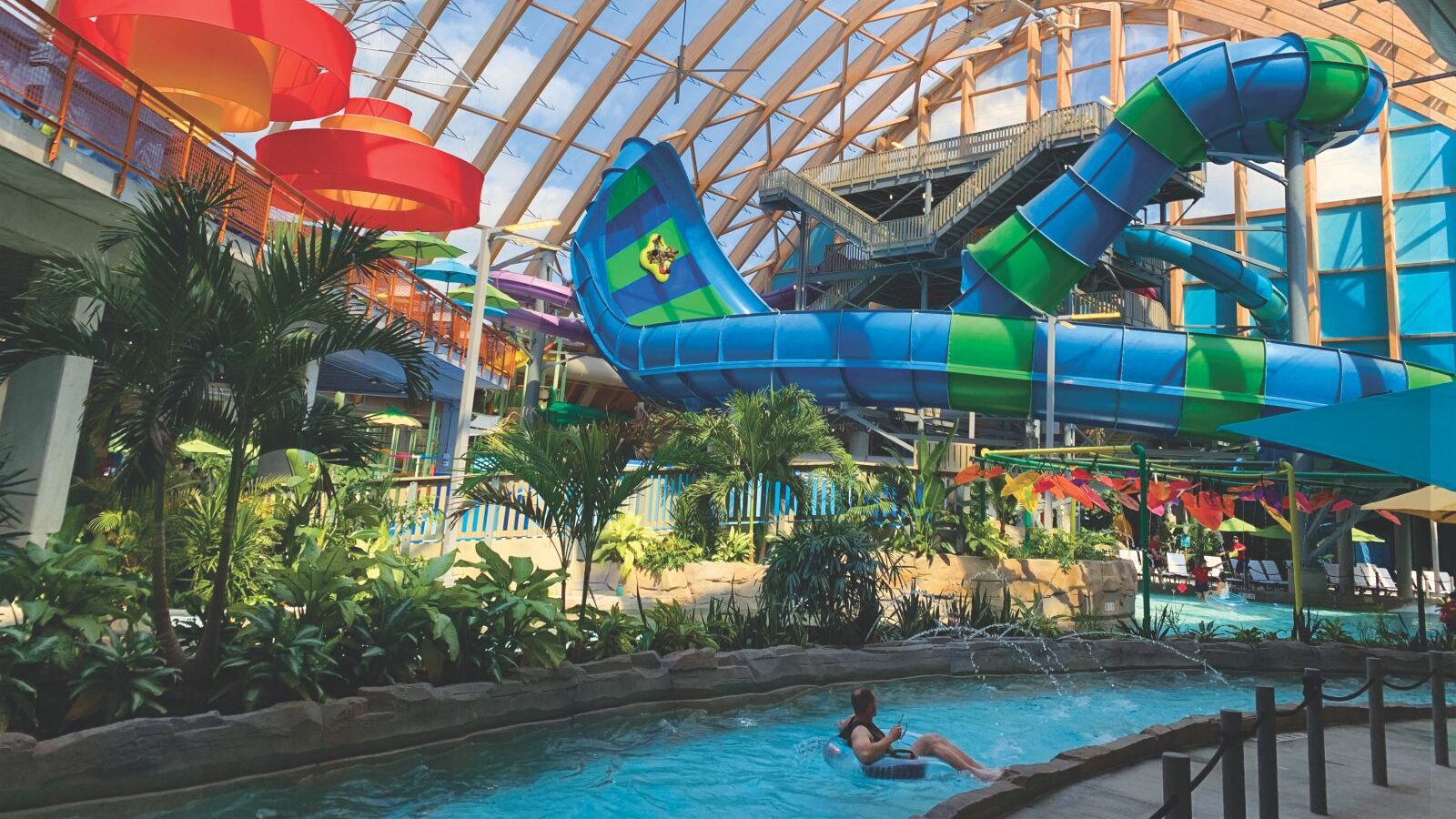 The lazy river and some of the waterslides at The Kartrite Resort