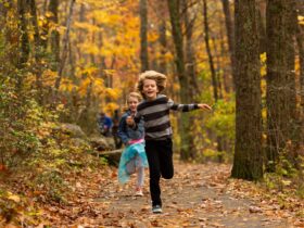 Kids running on a path through the woods during the fall