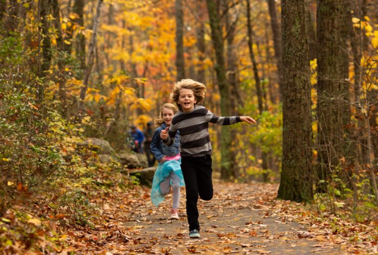Kids running on a path through the woods during the fall