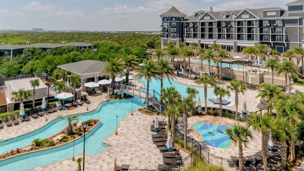A view of pools and a lazy river at Henderson Beach Resort