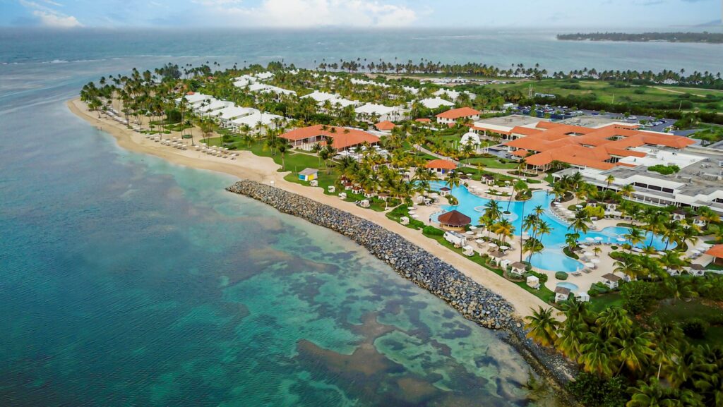 An aerial view of the beach, pool, and resort at Hyatt Regency Grand Reserve Puerto Rico