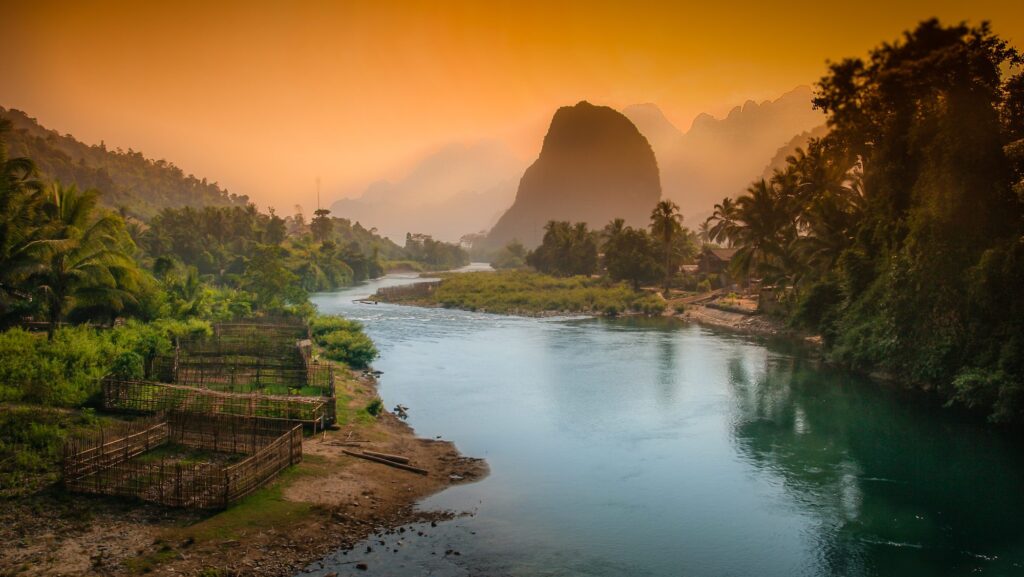 Beautiful karst hills landscape along Nam Song river near Vang Vieng in Laos